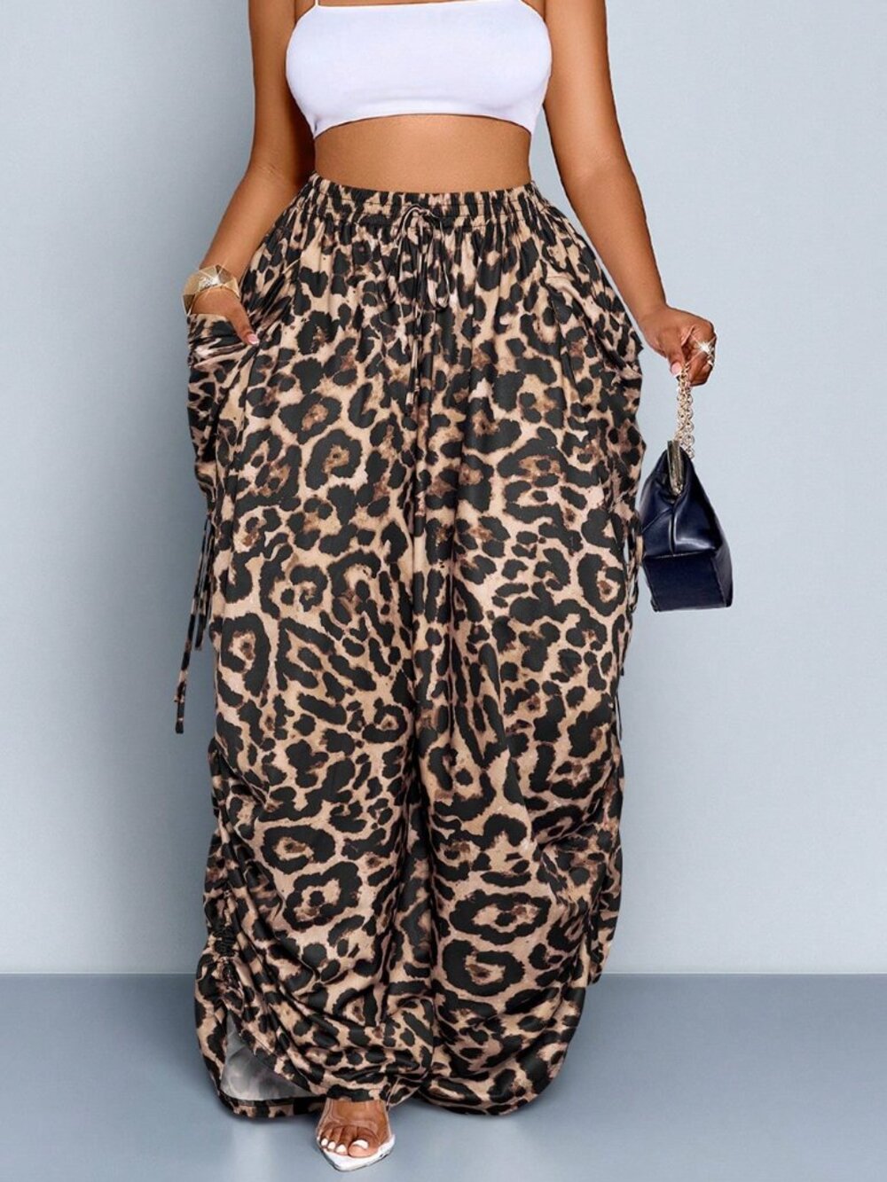 Brown Casual Women's Plus Size Leopard Print Drawstring Wide-Leg Trousers